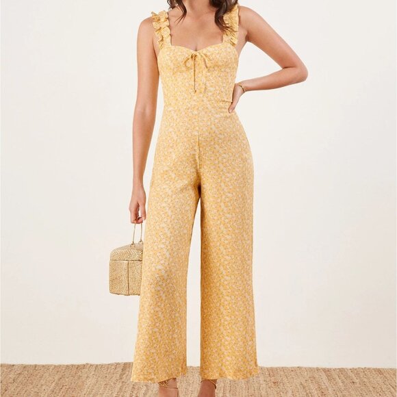 Reformation Moore Lily Butter Yellow Ruffle Srap Wide Leg Jumpsuit Size 10 - Picture 1 of 13